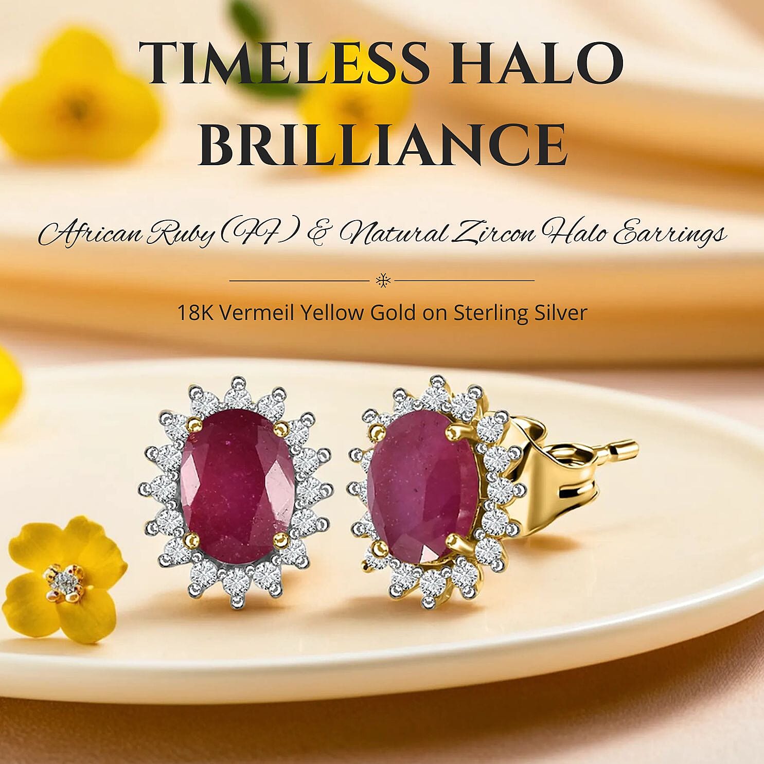 African Ruby (FF) & Natural Zircon Halo Earrings with Push Back in 18K Vermeil Yellow Gold Plated Sterling Silver 2.32 Ct.